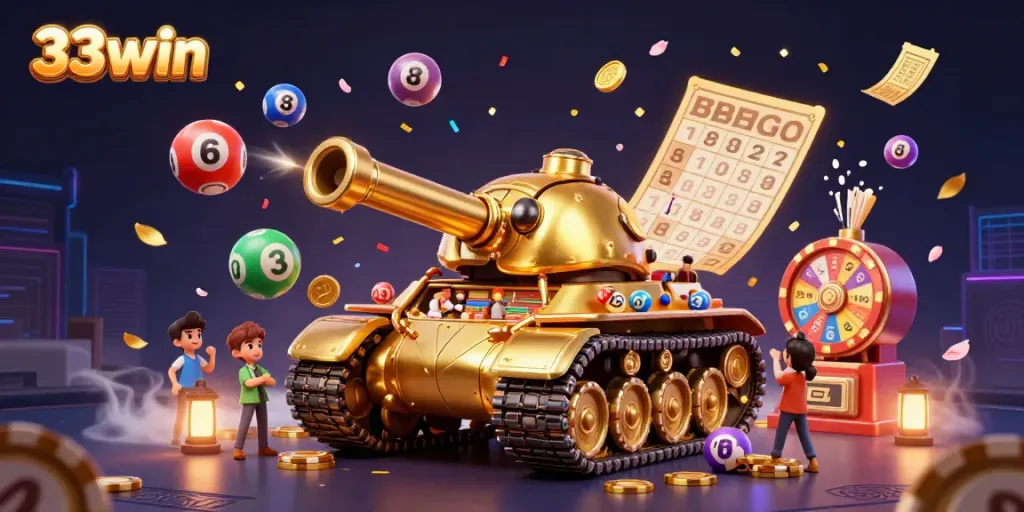 Experience 33win's vibrant casino atmosphere with a dynamic 3D illustration featuring a golden beetle tank.