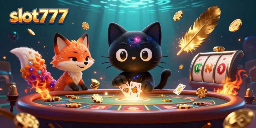 Engage with slot777's cosmic casino adventure featuring a black hole cat and colorful nebula fox.