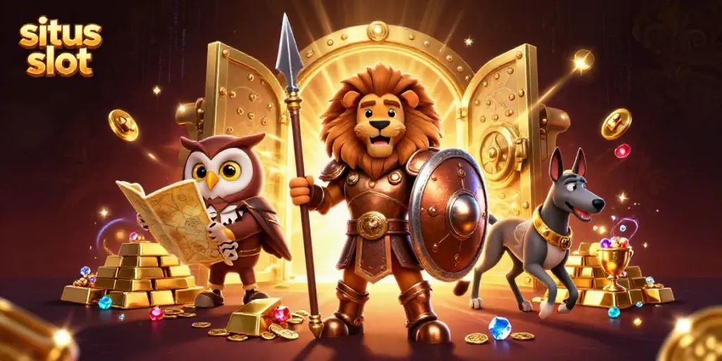 Gandakan kesenangan bermain situs slot dengan karakter dan elemen kasino dalam ilustrasi 3D yang mendetail.
