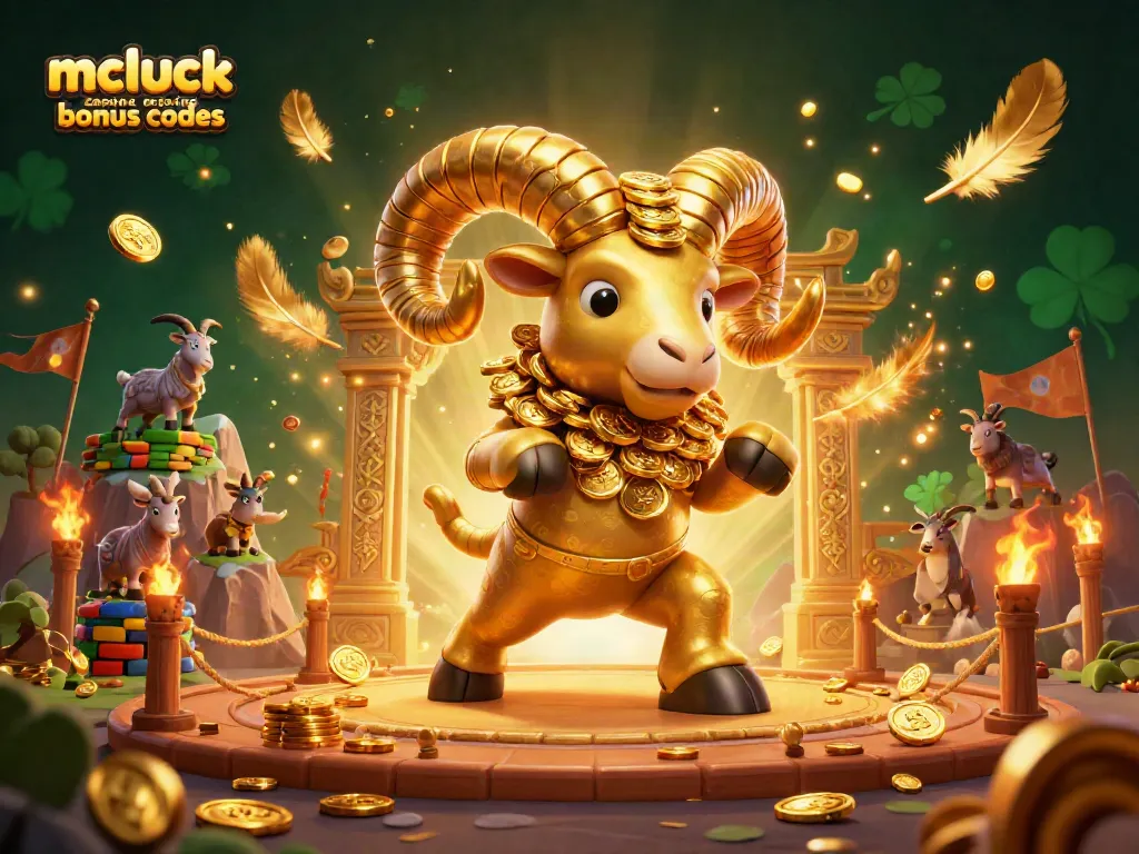 Engage with McLuck Casino bonus codes featuring a golden ram charging through a vibrant casino scene.