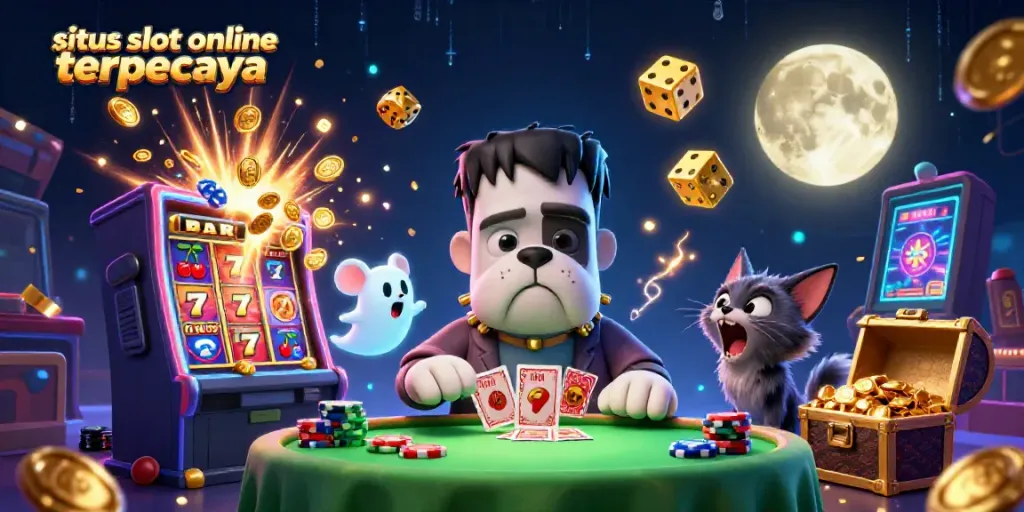 Ilustrasi kasino menampilkan situs slot online terpercaya yang penuh warna dan detail fantastis