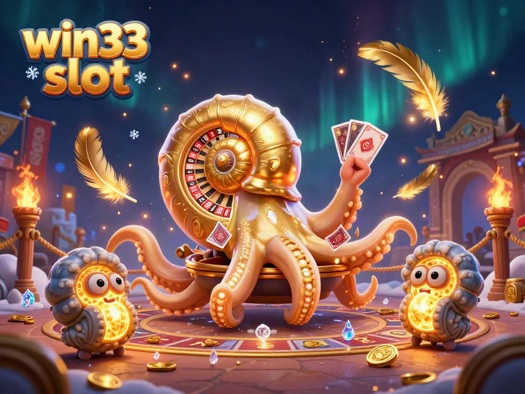 Spin the win33 slot reels with ancient nautilus and golden cards in a vibrant casino setting.