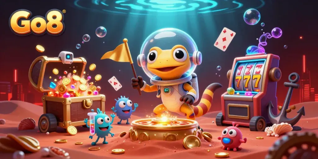 Go8 Martian gecko discovers a golden casino amidst vibrant slot games and treasure