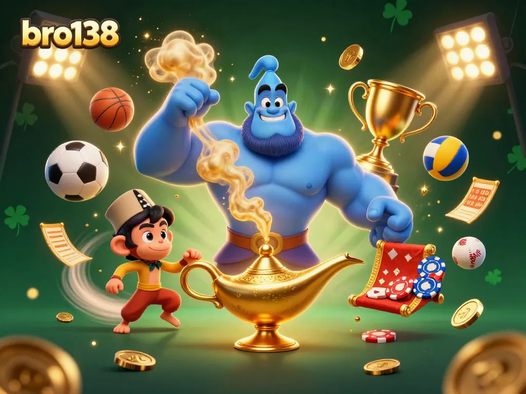 Place bets on bro138 with exciting games as the genie, monkey, and poker chips create a thrilling atmosphere.