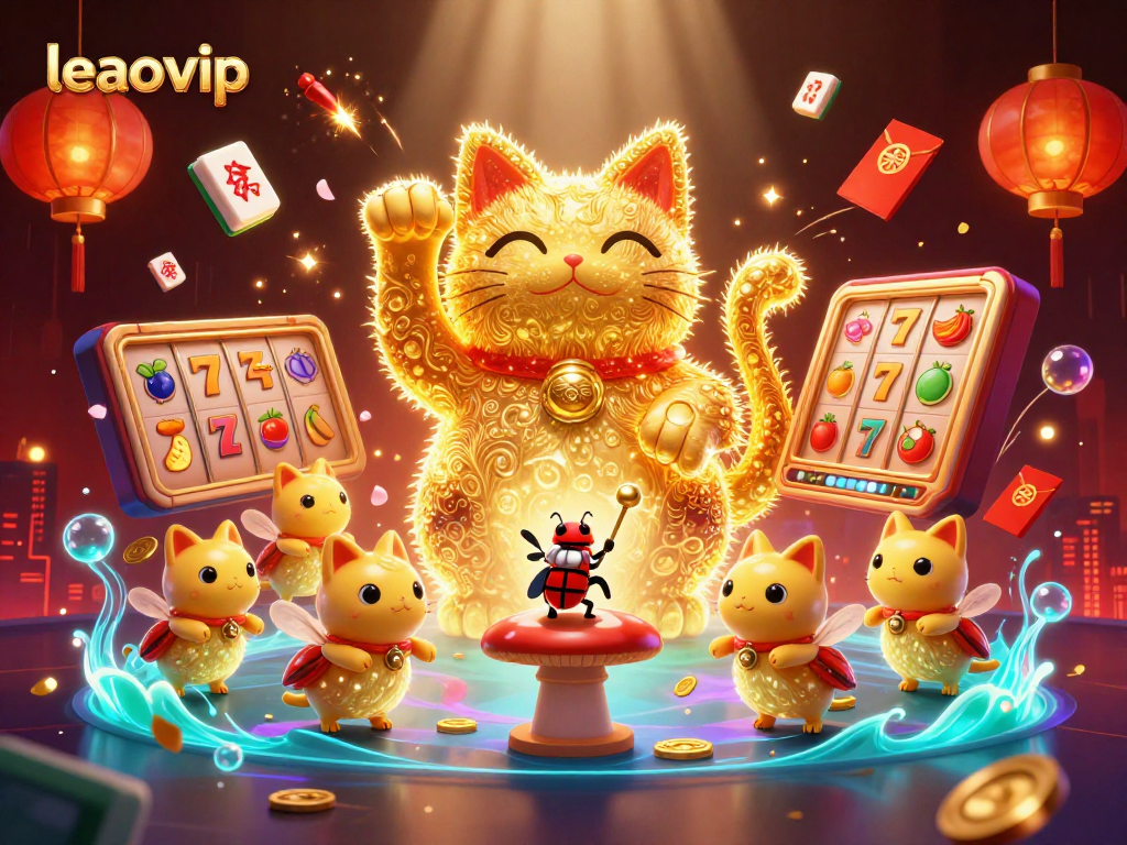 Experience the excitement of leaovip with glowing casino symbols and a lucky cat in this vibrant scene.