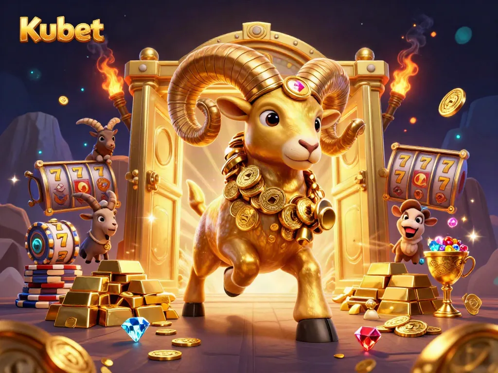 Kubet showcases a thrilling gaming atmosphere with a golden ram charging through a treasure-filled gate, symbolizing high-stakes gambling.