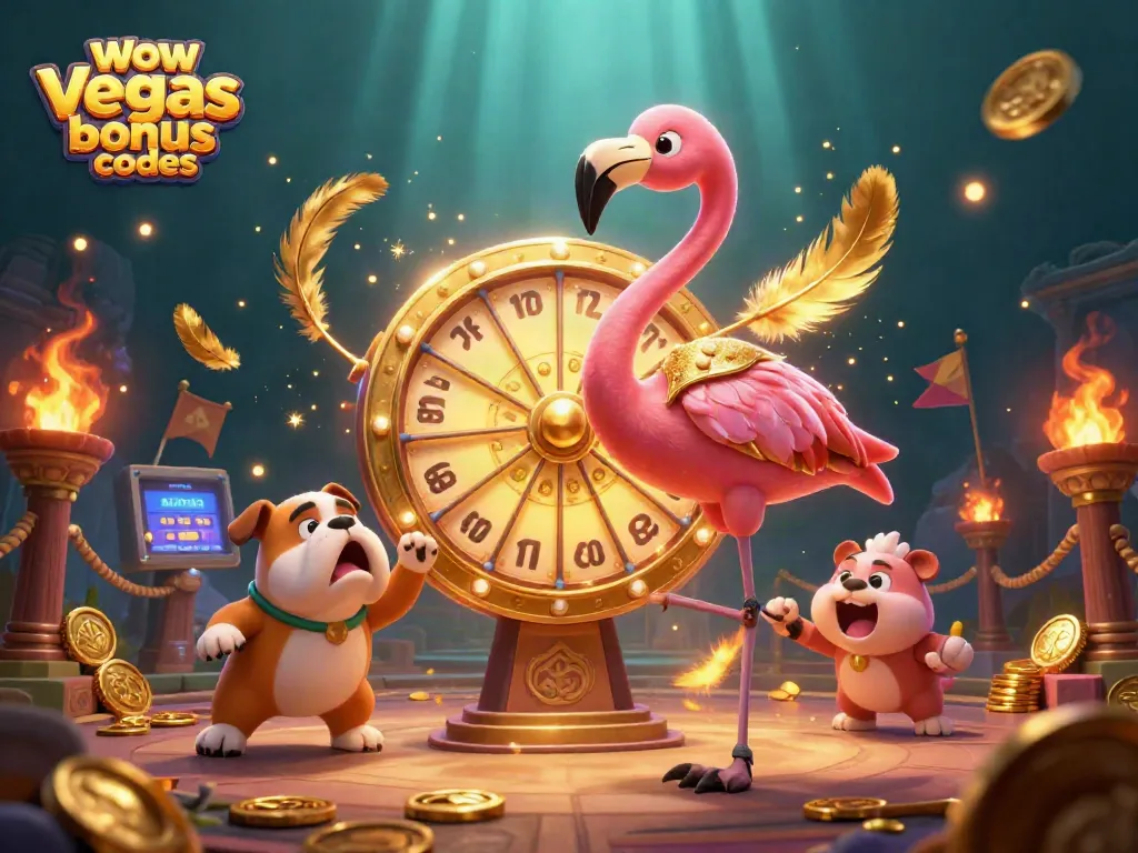 Spin the wow vegas bonus codes prize wheel in this vibrant casino-themed illustration!