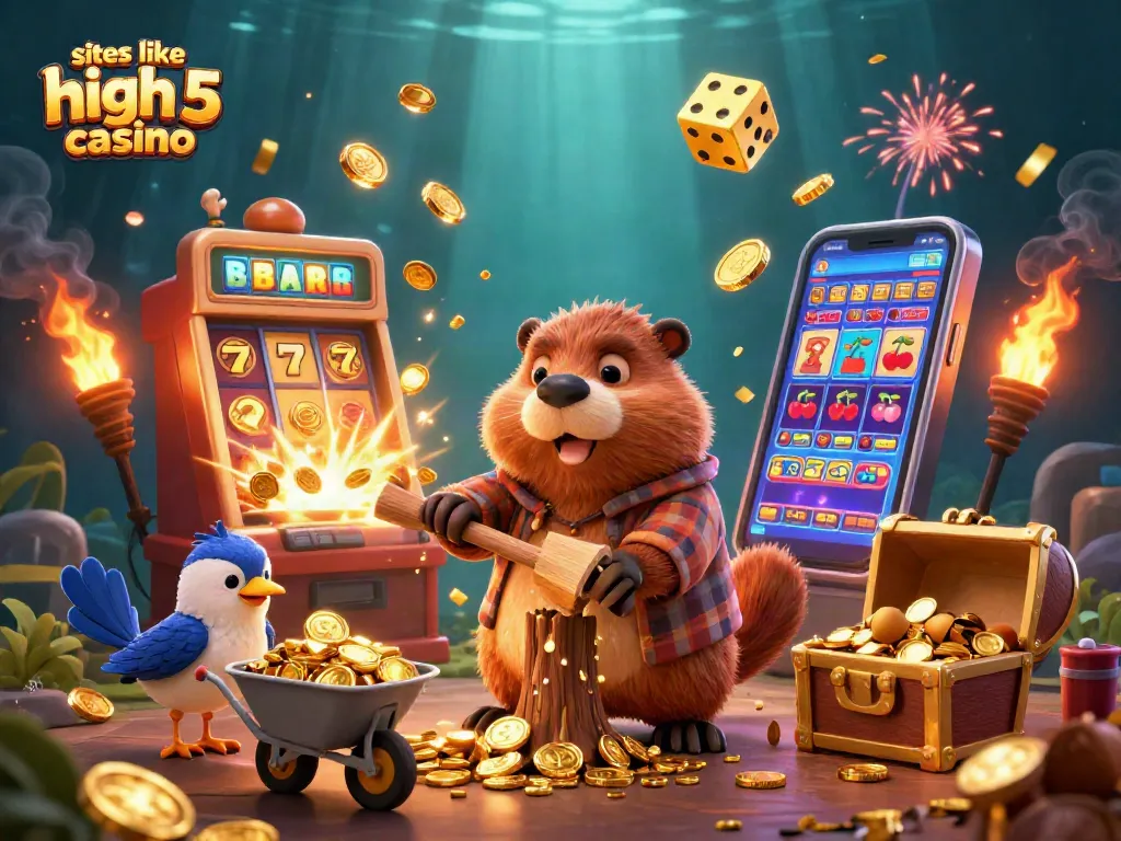 Engaging illustration of fun casino characters surrounded by slot machines and gold coins, representing sites like high 5 casino