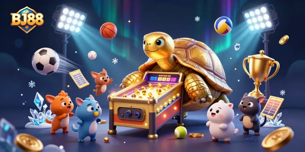Experience thrilling gameplay at BJ88 with a vibrant 3D casino illustration featuring sports and excitement.