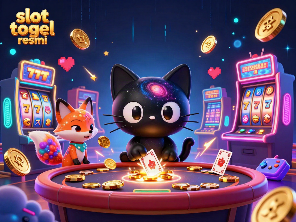 Menangkan slot togel resmi dengan kucing lubang hitam berputar dan mesin slot berkilauan.
