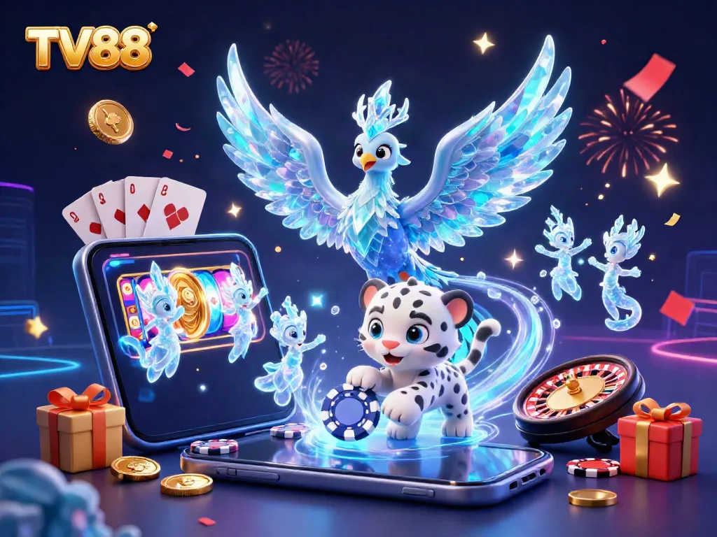 Experience thrilling casino action with TV88 featuring a vibrant 3D scene of characters and gaming elements.