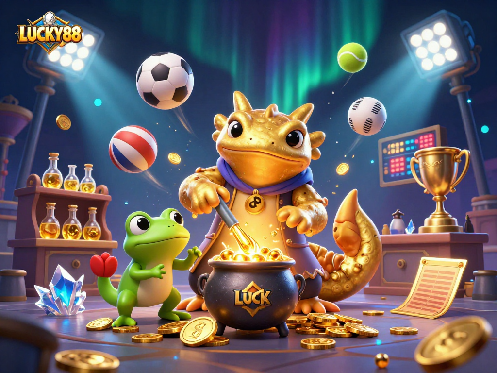 LUCKY88 brings excitement to gaming with golden magical elements and vibrant sports action.