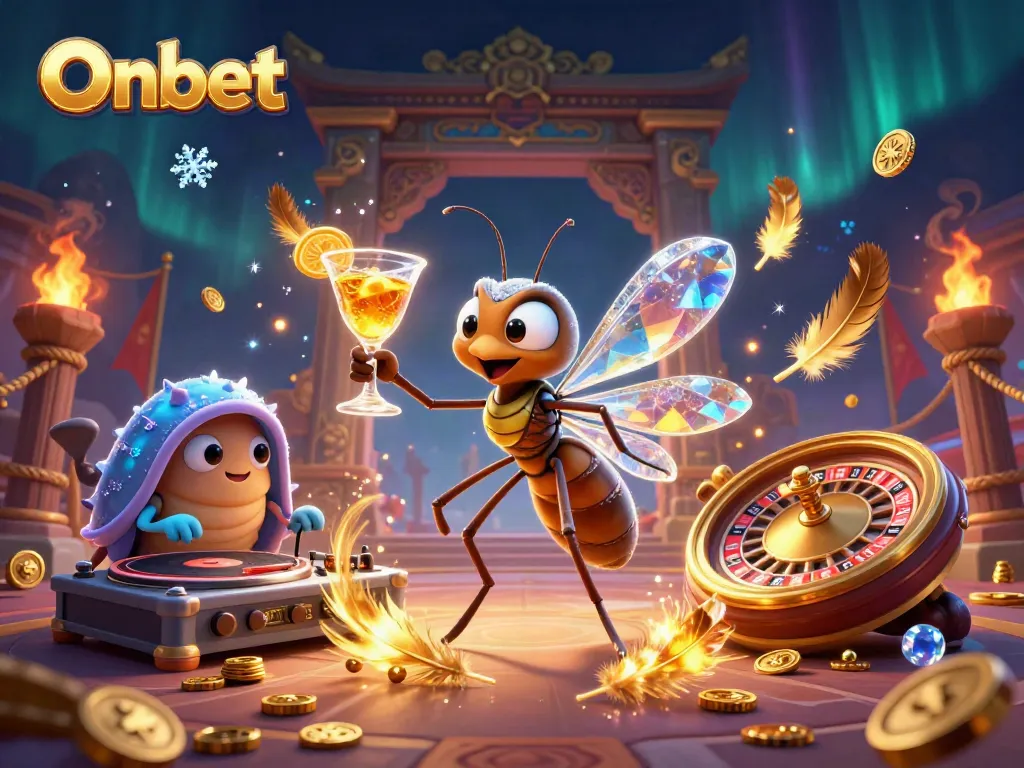 Engage with Onbet's vibrant casino atmosphere featuring a unique 3D illustration of a mosquito mascot, a trilobite DJ, and a roulette wheel.