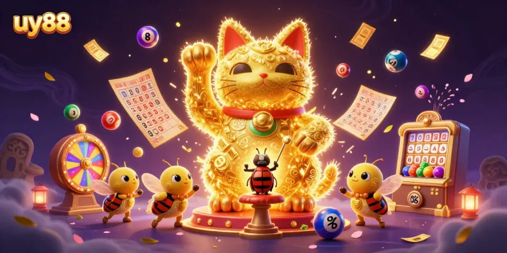 Engage with uy88's vibrant casino illustration featuring a lucky cat and lottery elements in action.