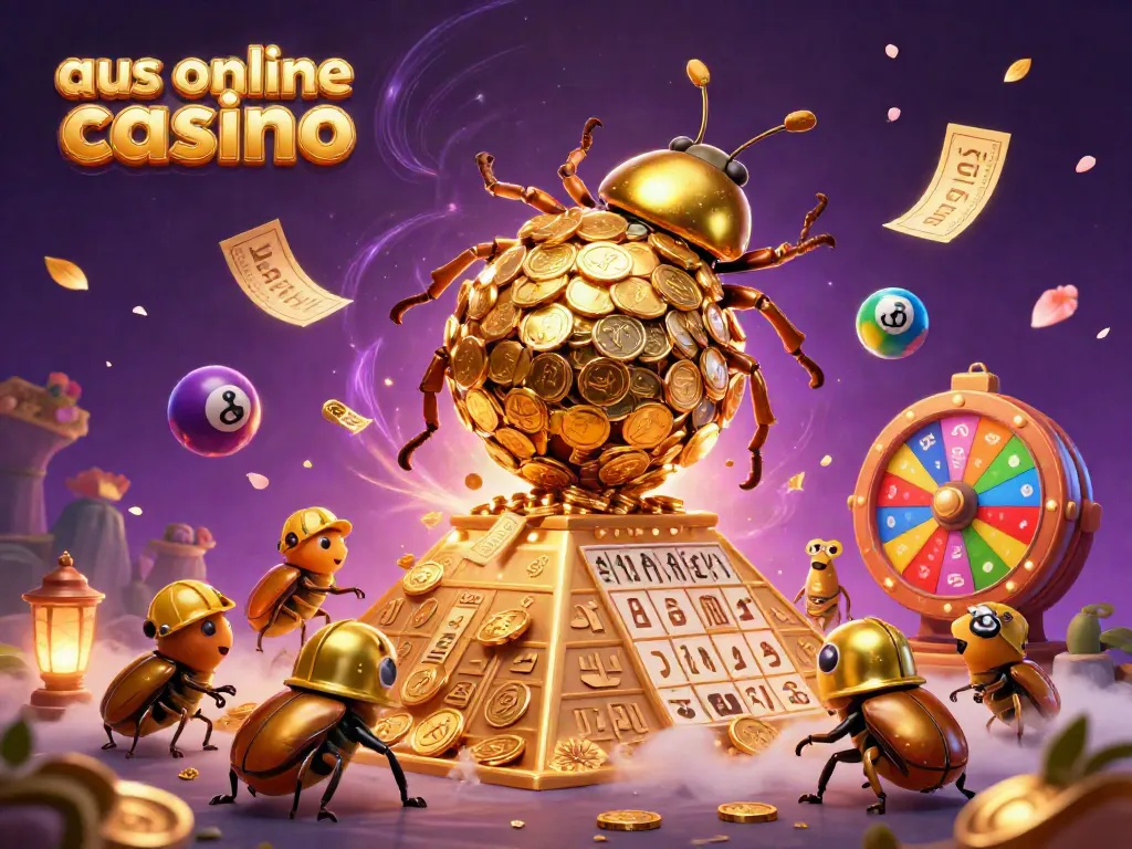 Experience the excitement of aus online casino with a vibrant, colorful lottery scene featuring animated beetles and casino elements.