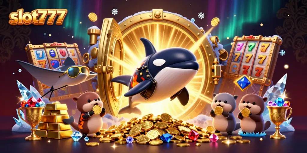 Experience thrilling fun with slot777 as an orca whale jumps with coins alongside sea otters in vibrant casino scenery.