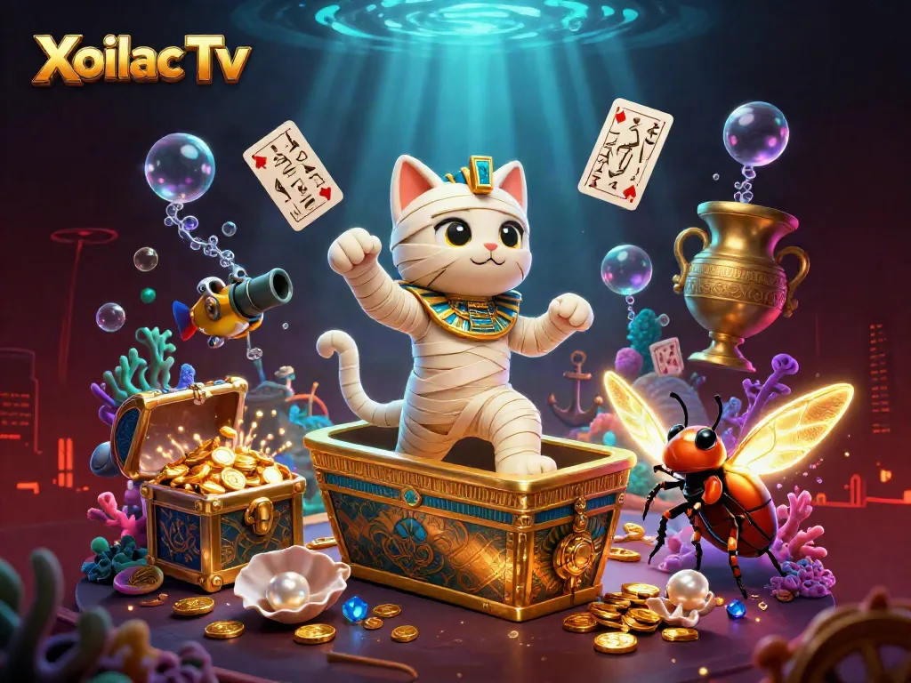 Xoilac Tv offers a vivid gaming experience with a dynamic scene of a mummy cat and treasures in a pyramid casino.