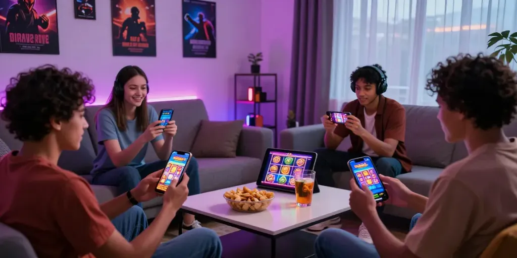 Group enjoying slot games online with friends, showcasing vibrant devices and cozy atmosphere.