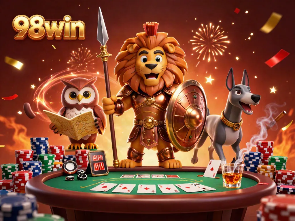 Engage with thrilling gameplay at 98win featuring a heroic Spartan lion, tactical owl, and swift greyhound surrounded by poker elements.