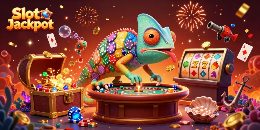 Experience the thrill of Slot Jackpot with a vibrant 3D casino scene filled with colorful characters and elements.