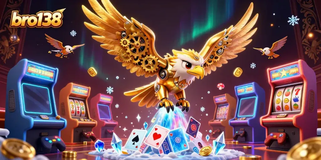 Experience dynamic gameplay with bro138 featuring a cybernetic eagle amidst vibrant casino elements.