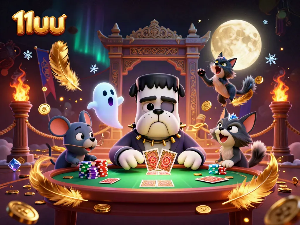 Engage with 11uu as a 3D cartoon Frankenstein bulldog deals cards at a ghostly table in a lively casino atmosphere.