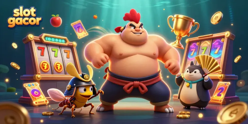 Ilustrasi 3D menarik tentang slot gacor dengan karakter sumo, jangkrik, dan tanuki dalam suasana kasino.