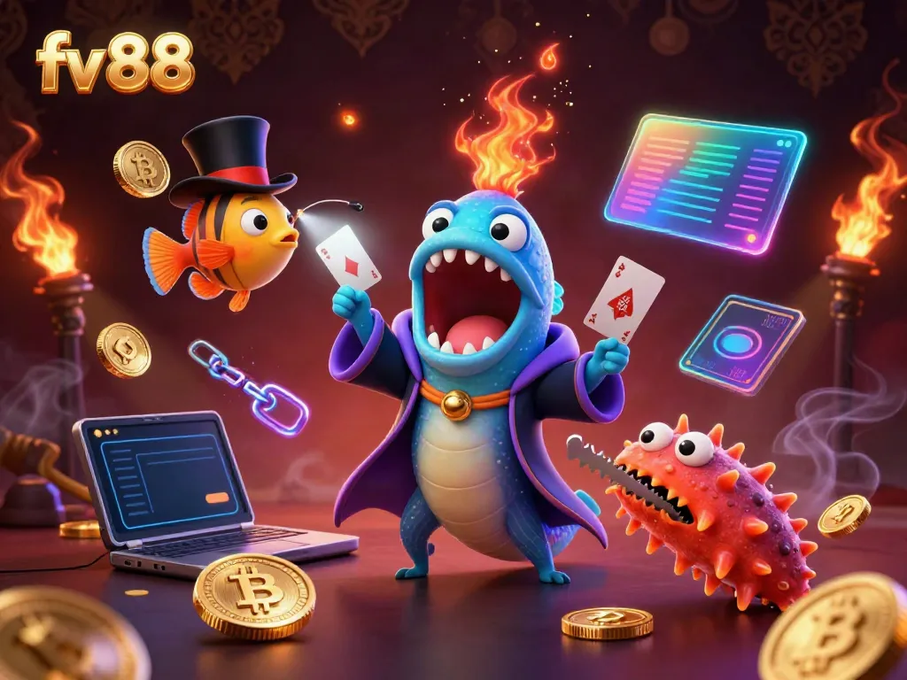 Experience the magic of fv 88 with vibrant 3D characters and glowing casino elements.