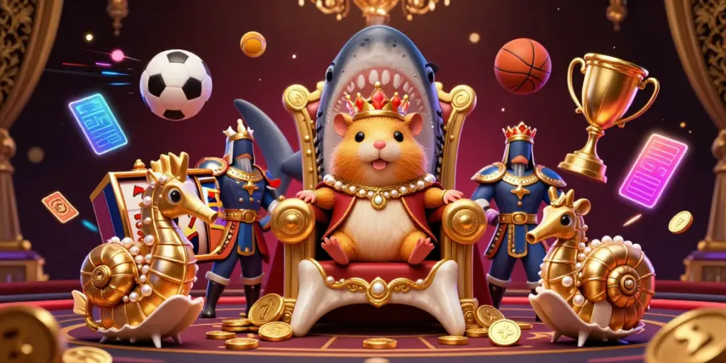RP55 showcases a golden hamster king in a casino throne surrounded by dynamic gaming elements.