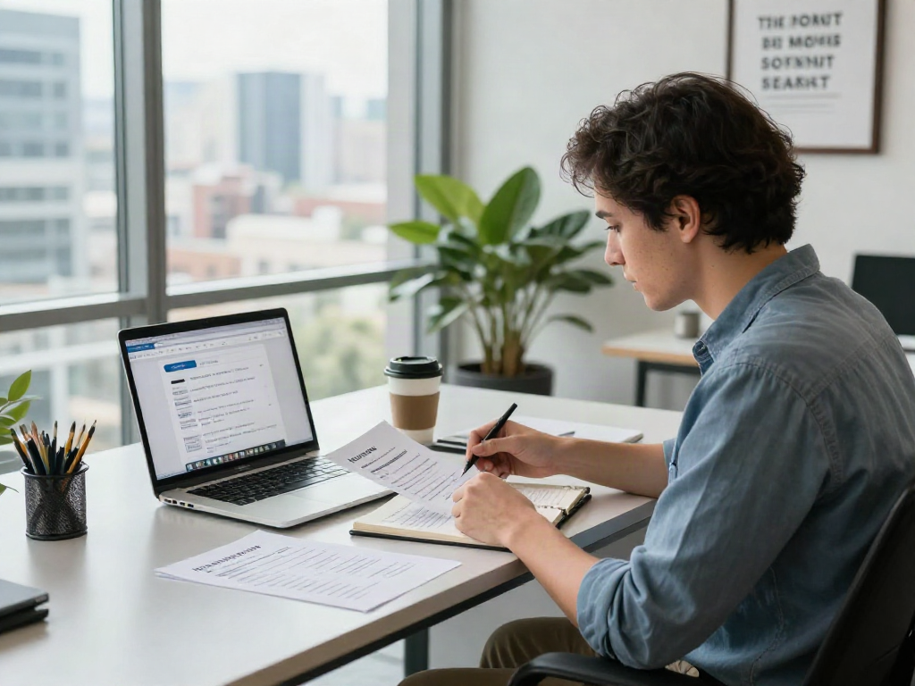 Individual searching for job opportunities หางาน in a modern office filled with natural light.