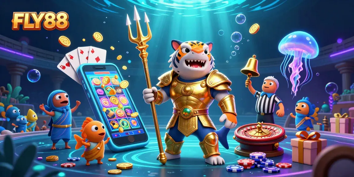 Experience FLY88's vibrant underwater casino scene with a fearless shark in gladiator armor.
