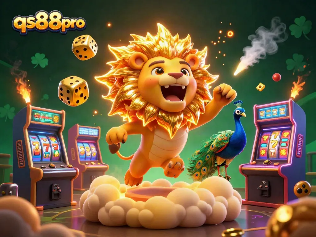 Experience thrilling wins at qs88pro with a vibrant casino-themed illustration featuring a roaring sun lion and golden dice.