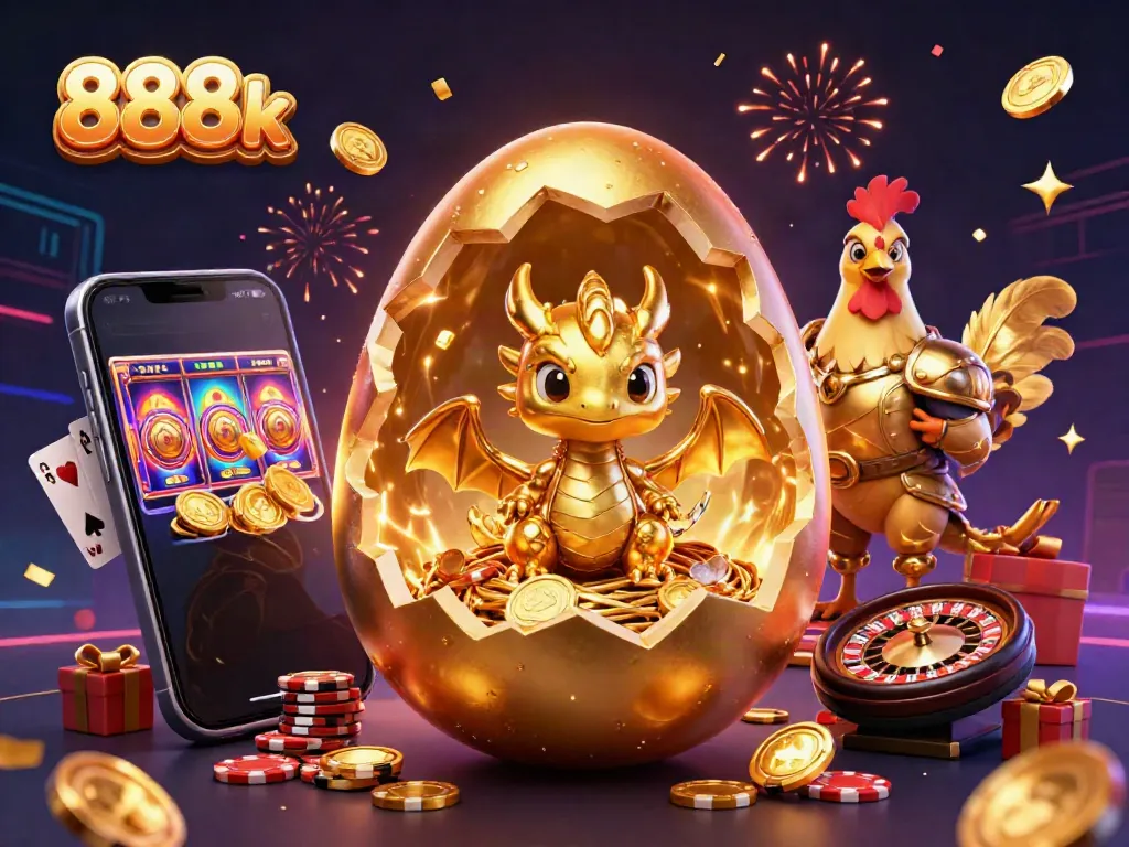 Experience thrilling wins at 888k with a baby dragon revealing treasures amid vibrant casino elements.