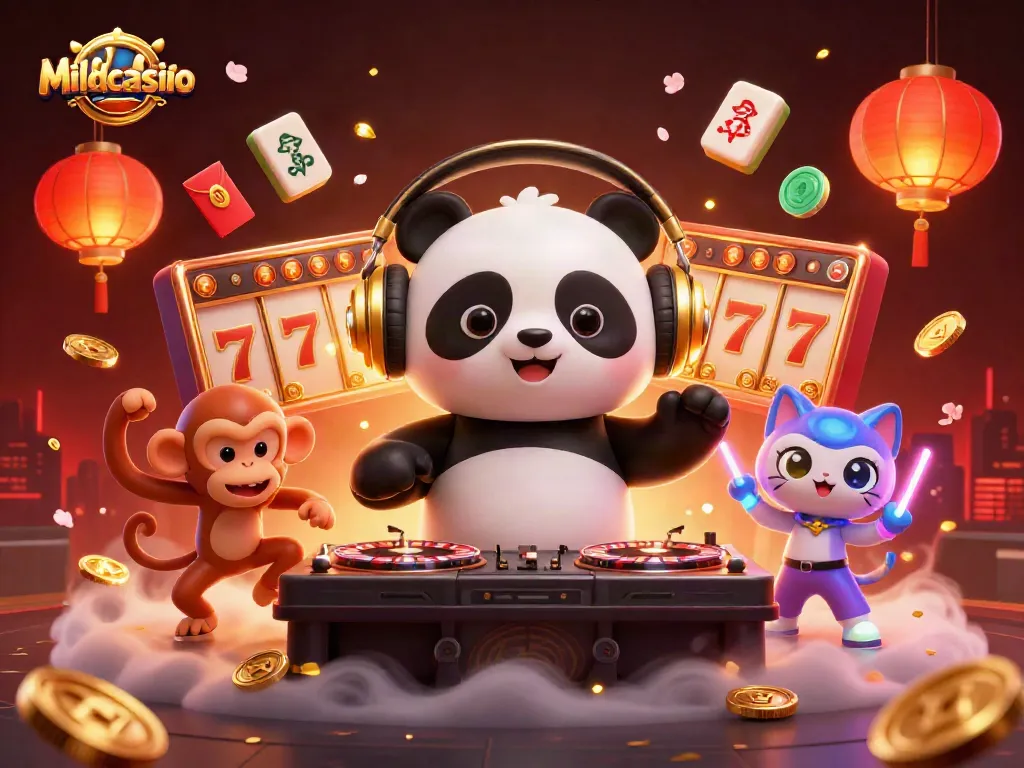 Mildcasino's vibrant gaming scene where an energetic DJ panda spins roulette wheels while gamblers celebrate wins.