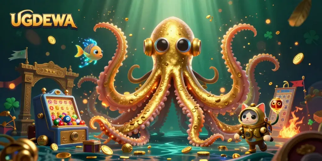 Engage in thrilling lottery games with UGDEWA as the kraken emerges in a vibrant, dynamic scene.