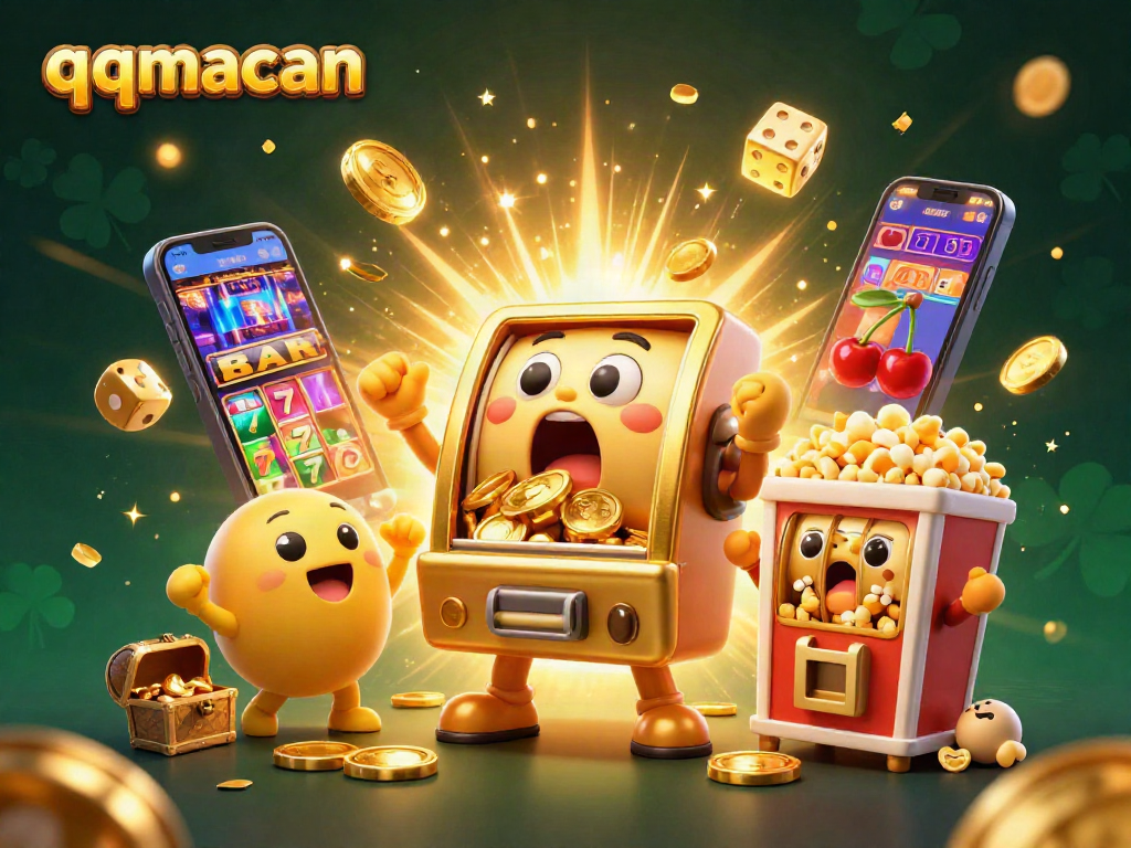 qqmacan slot machine celebrates winning jackpot with coins showering, surrounded by festive casino symbols and rich visuals.