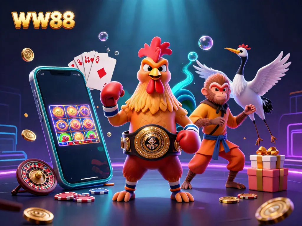 WW88 showcases a fierce rooster, Shaolin monkey, and wise crane amidst vibrant casino gaming elements, celebrating online betting.