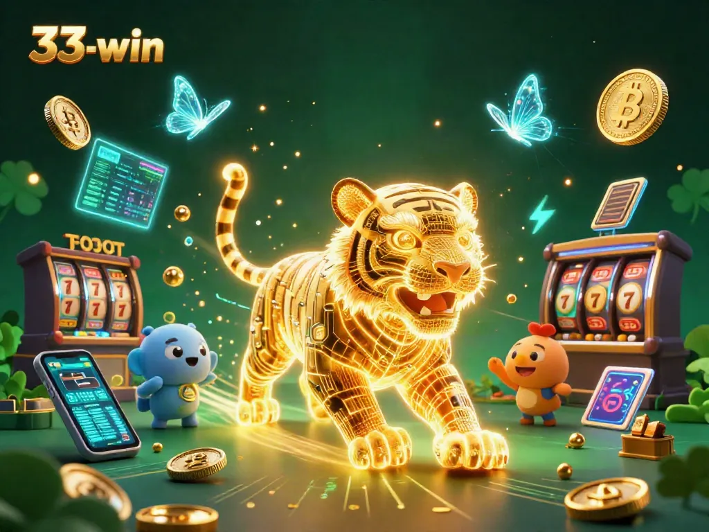 Engage with 33-win in a vibrant digital casino showcasing golden tiger and holographic butterflies.