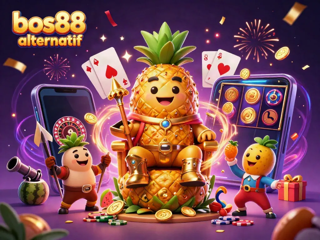Experience the excitement of bos88 alternatif with a vibrant casino scene featuring the golden pineapple king and dynamic gaming elements.