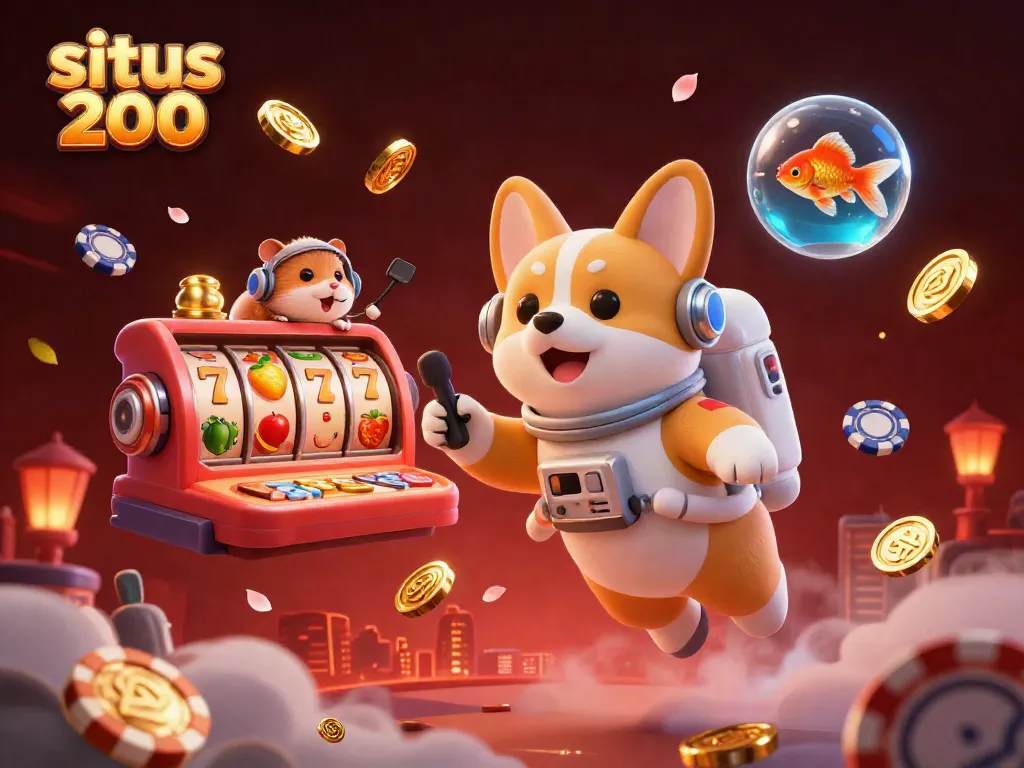 Experience the thrill of situs bet 200 with a floating astronaut corgi in a space station casino, surrounded by vibrant slot reels and gold coins.