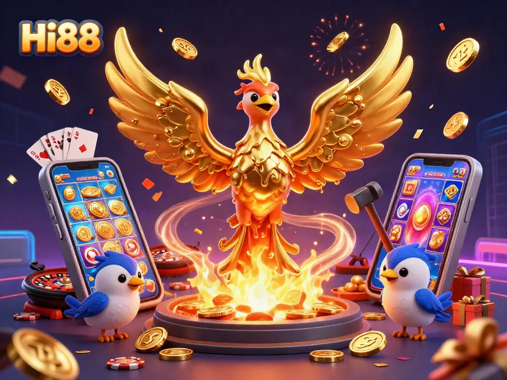 Engage with Hi88's 3D golden phoenix and vibrant casino elements, showcasing exciting gaming action.