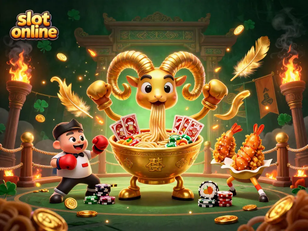 Menang slot online dengan karakter unik seperti ramen dan gyoza dalam suasana kasino yang meriah.