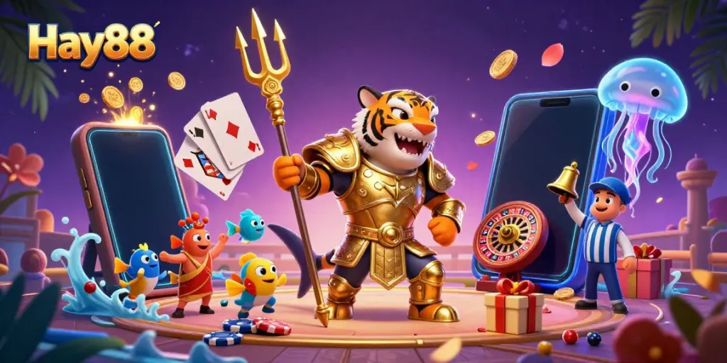 Experience thrilling gameplay at Hay88 with a dynamic underwater colosseum featuring vibrant characters and casino elements.