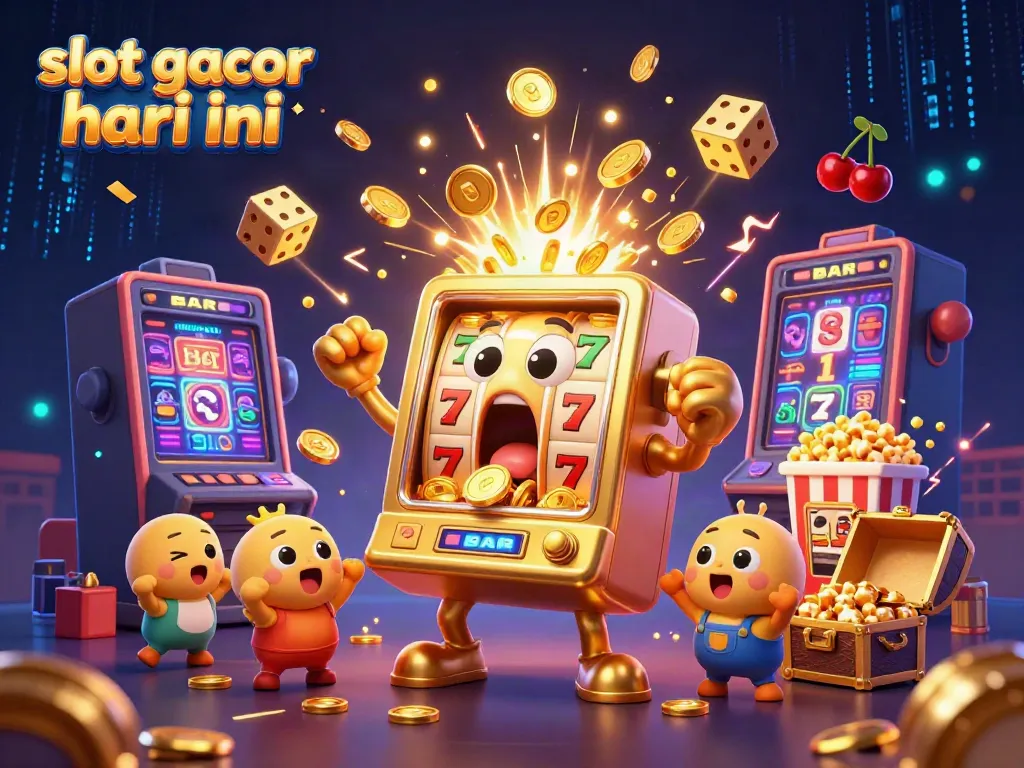 Permainan slot gacor hari ini menunjukkan mesin slot emas dengan jackpot berlimpah berharga dan karakter lucu di sekitar.