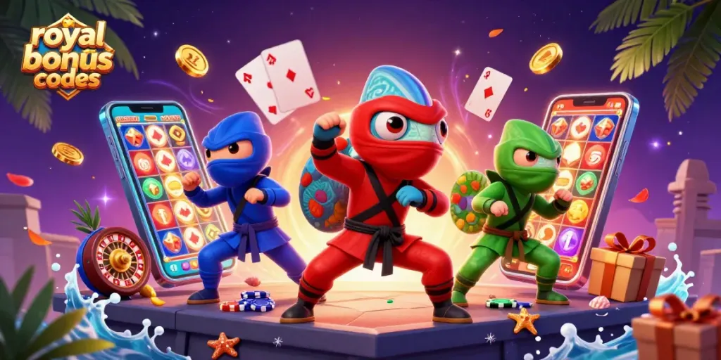 Experience royal ace bonus codes with a dynamic 3D scene featuring ninja chameleons and vibrant casino elements.