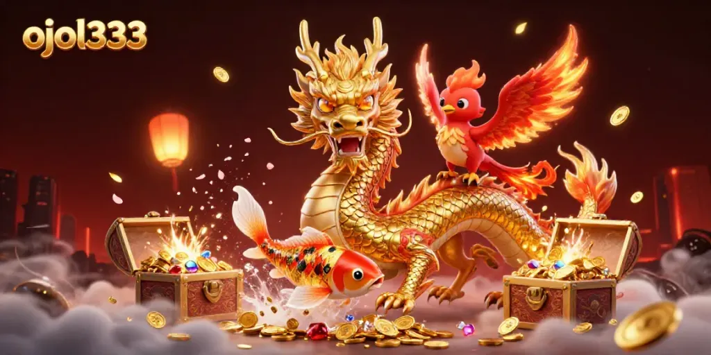 Experience dynamic gameplay with ojol333 featuring a golden dragon, phoenix, and koi fish amidst treasure and vibrant casino elements.