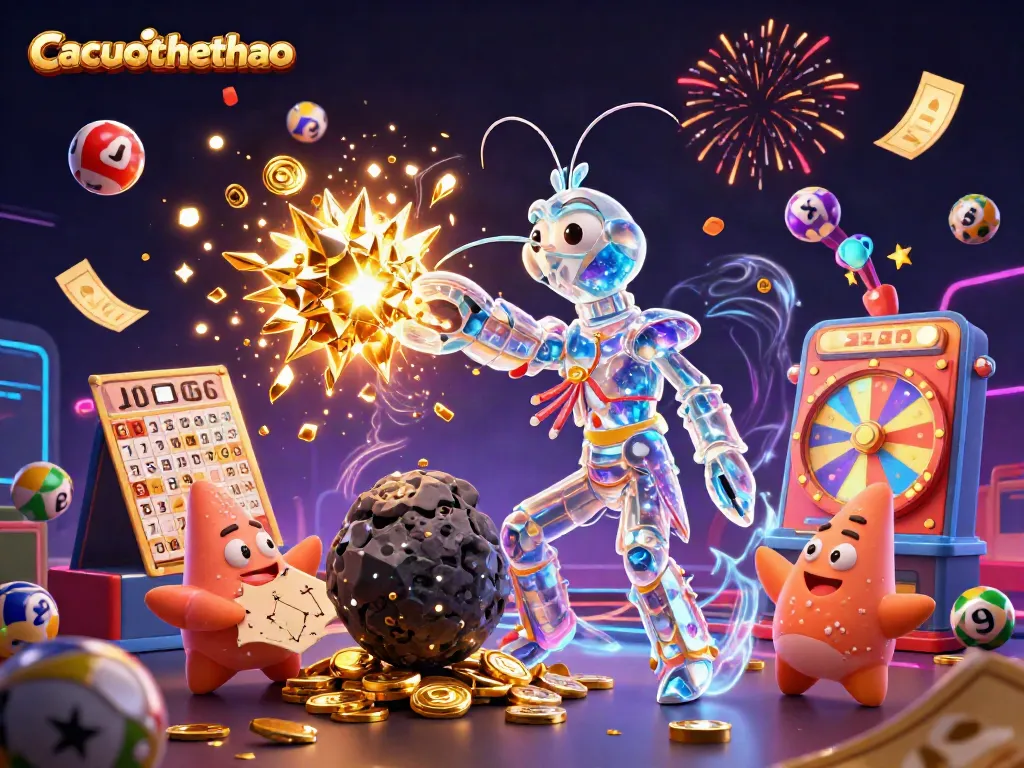 Cacuocthethao showcases dynamic gambling adventure with galactic characters amidst exploding gems and vibrant lottery elements.