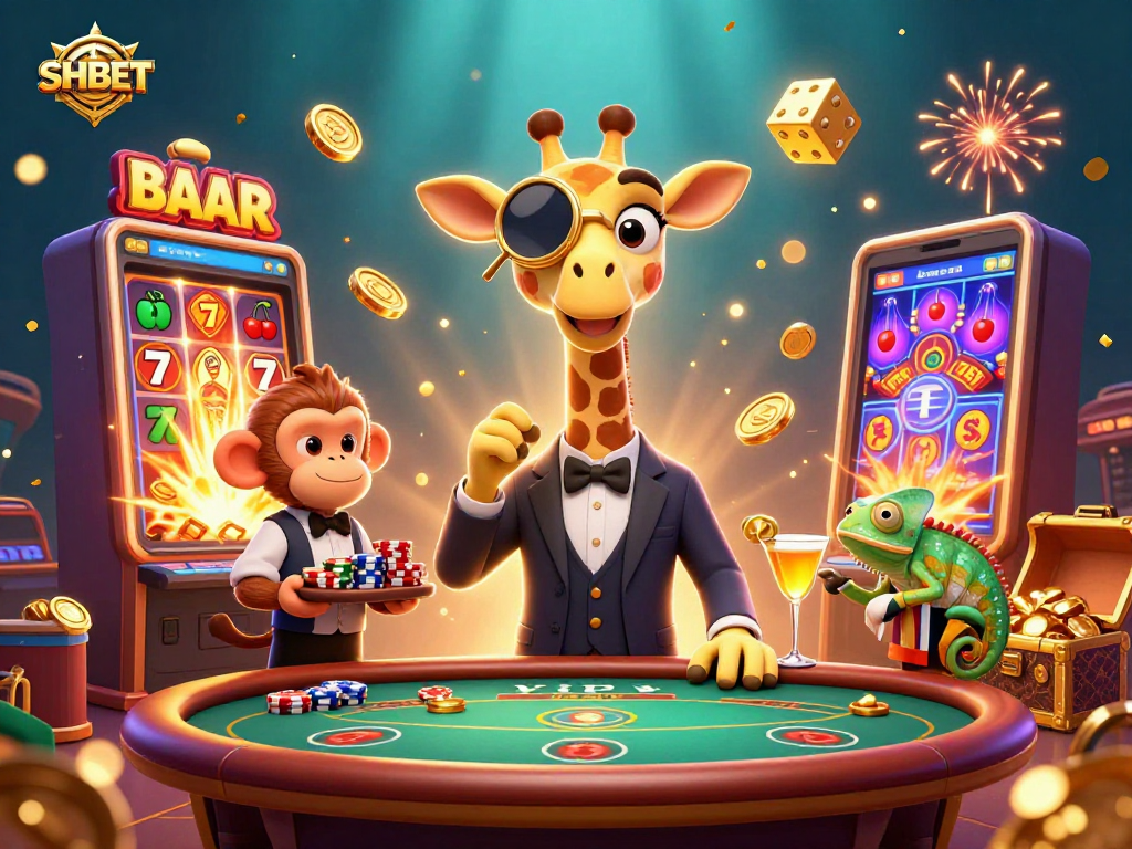 Experience the excitement of SHBET with a vibrant casino scene featuring a giraffe and monkey engaging with games.