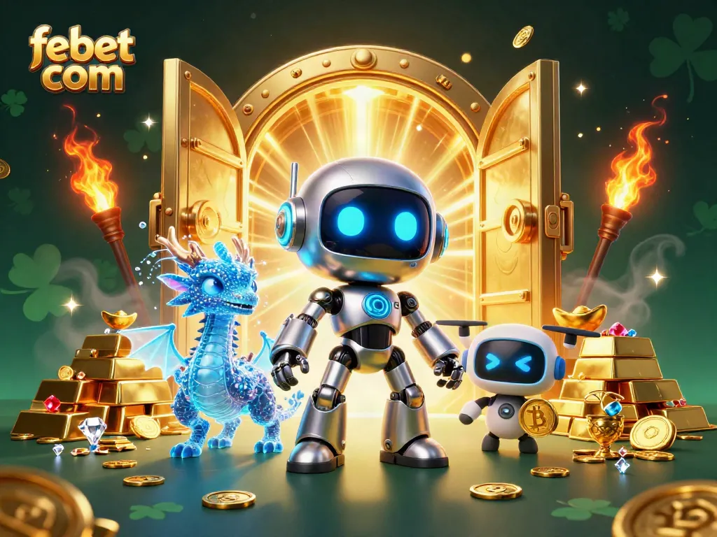 Experience winning at febet com with a vibrant 3D casino illustration showcasing a cyberpunk robot and gold treasures.