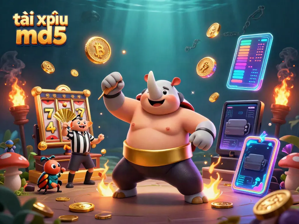 Experience dynamic gameplay with tài xỉu md5, featuring a sumo beetle champion and glowing casino elements.